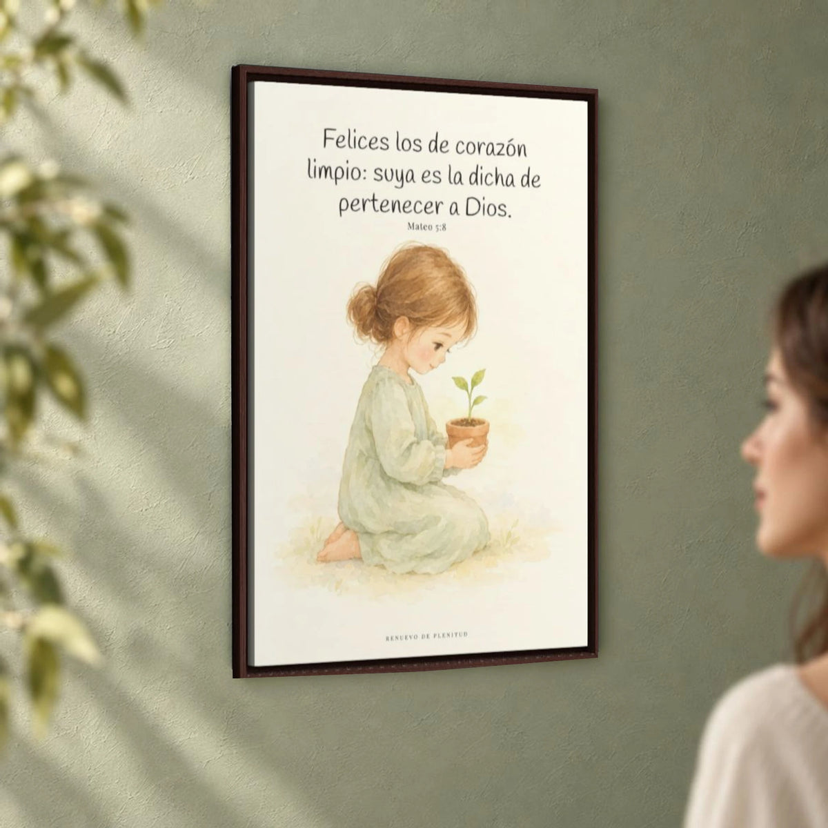 Felices los que pertenecen a Dios | Lienzo de fe para el hogar | Mateo 5:8 — 24×36 pulgadas, marco espresso, vista angular ambiental del marco flotante, escala física calibrada