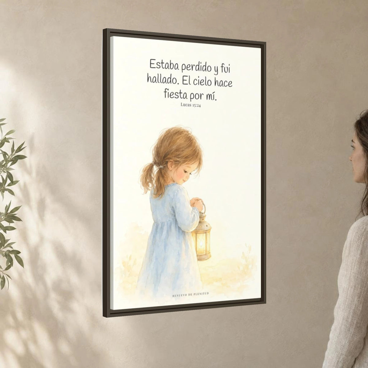 Este mi hijo perdido ha sido hallado — Lienzo Cristiano Enmarcado | Lucas 15:24 — 24×36 pulgadas, marco espresso, vista angular ambiental del marco flotante, escala física calibrada