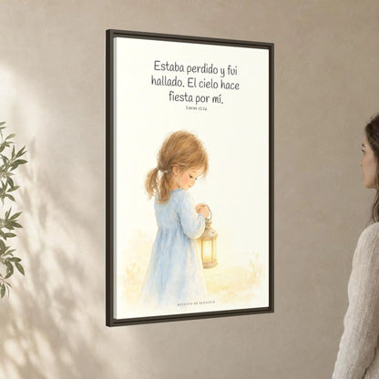 Este mi hijo perdido ha sido hallado — Lienzo Cristiano Enmarcado | Lucas 15:24 — 24×36 pulgadas, marco espresso, vista angular ambiental del marco flotante, escala física calibrada