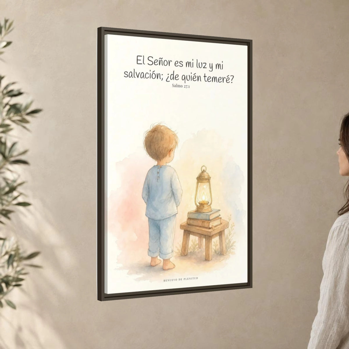 Jehová es mi luz y mi salvación — Lienzo Cristiano Enmarcado | Salmo 27:1 — 24×36 pulgadas, marco espresso, vista angular ambiental del marco flotante, escala física calibrada
