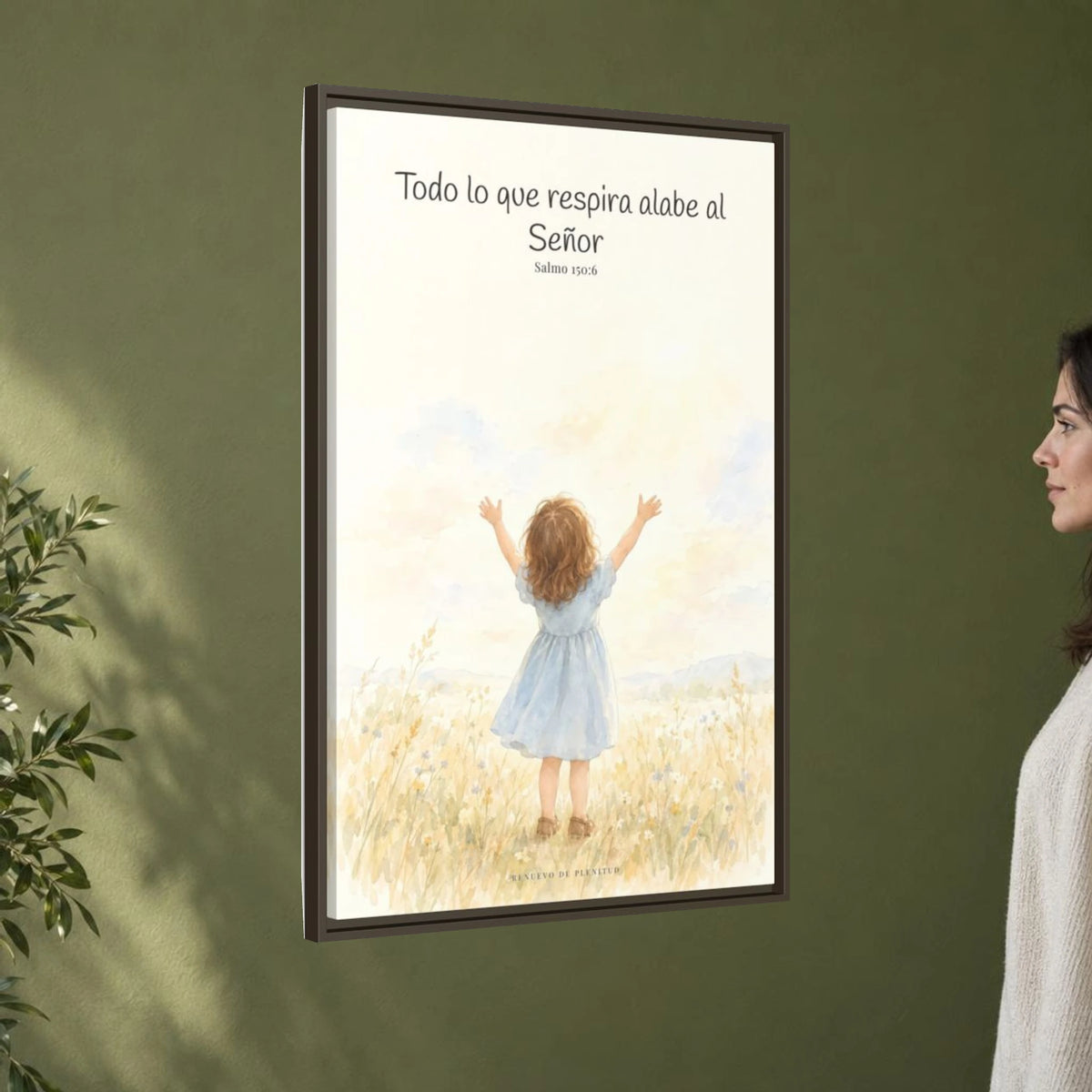 Todo lo que respira alabe a Jehová — Lienzo Cristiano Enmarcado | Salmo 150:6 — 24×36 pulgadas, marco espresso, vista angular ambiental del marco flotante, escala física calibrada