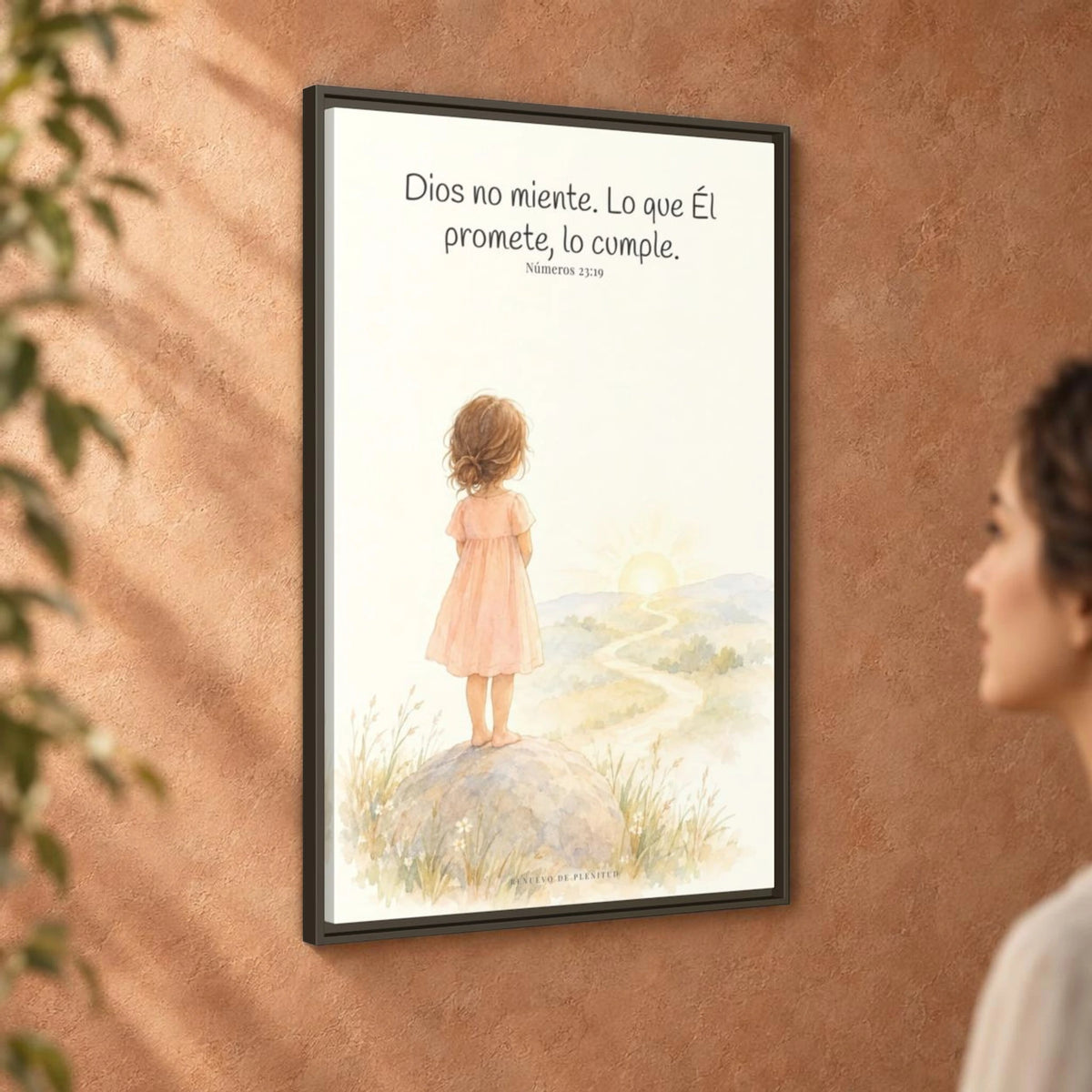 Dios no miente: sus promesas siempre se cumplen — Lienzo Cristiano Enmarcado | Números 23:19 — 24×36 pulgadas, marco espresso, vista angular ambiental del marco flotante, escala física calibrada