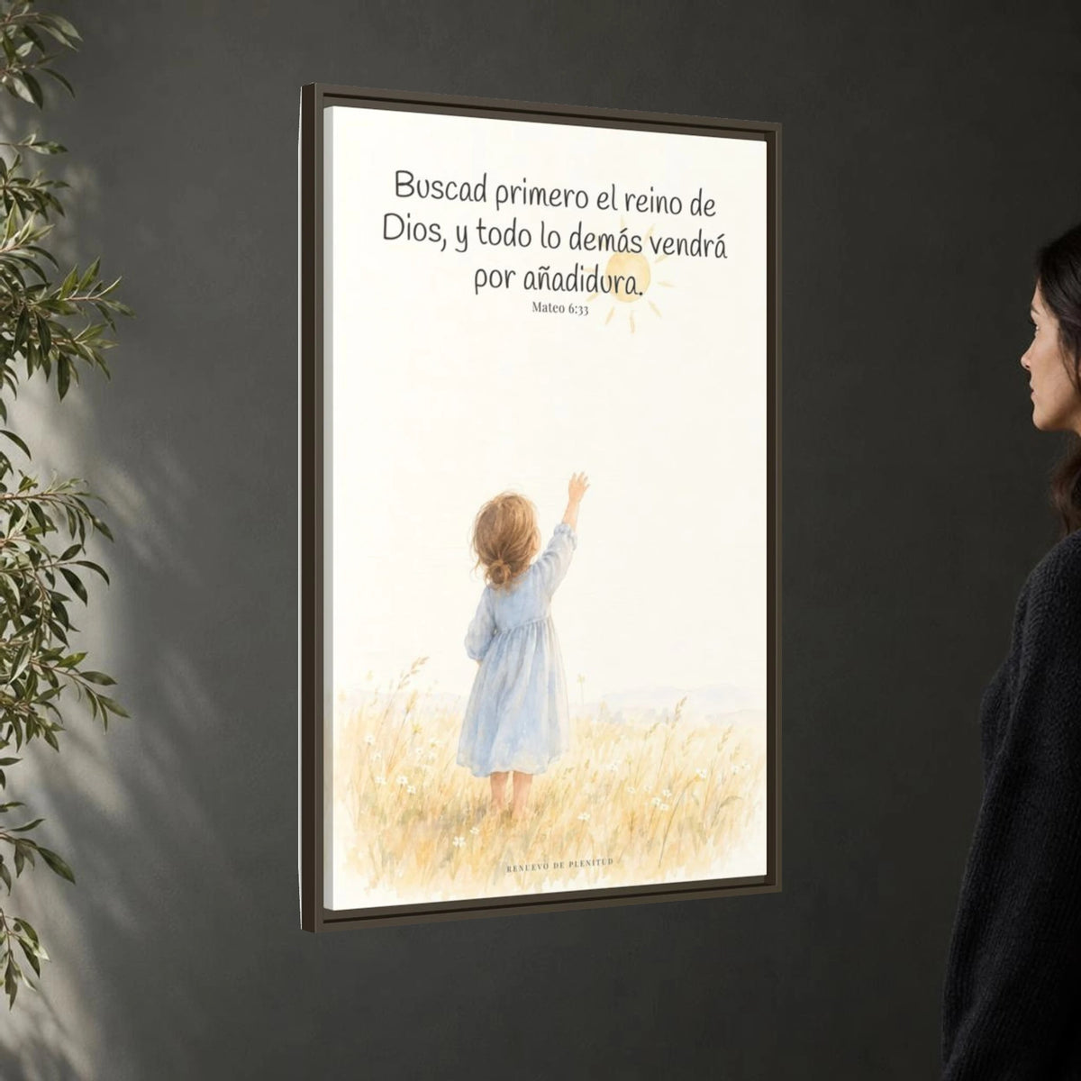 Buscad primero el reino de Dios — Lienzo Cristiano Enmarcado | Mateo 6:33 — 24×36 pulgadas, marco espresso, vista angular ambiental del marco flotante, escala física calibrada