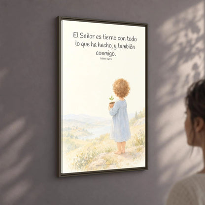 El Señor es tierno con todo lo que ha hecho | Cuadro de inspiración bíblica | Salmo 145:9 — 24×36 pulgadas, marco espresso, vista angular ambiental del marco flotante, escala física calibrada