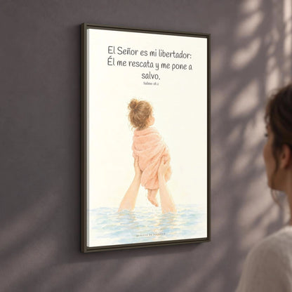 El Señor es mi libertador — Lienzo Cristiano Enmarcado | Salmo 18:2 — 24×36 pulgadas, marco espresso, vista angular ambiental del marco flotante, escala física calibrada