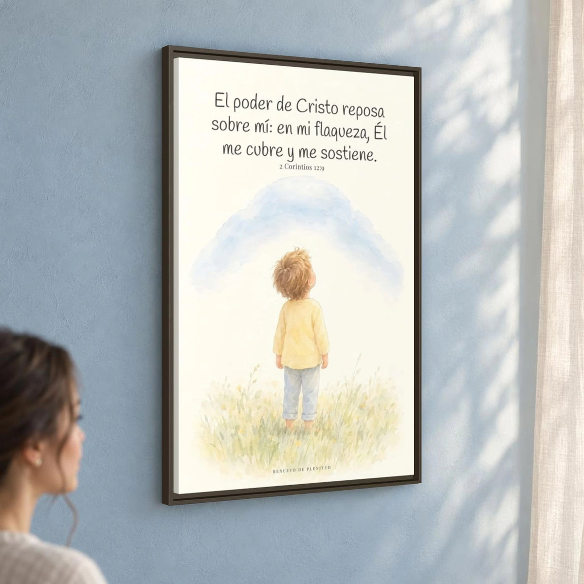 El poder de Cristo descansa sobre mí | Cuadro bíblico para el hogar | 2 Corintios 12:9 — 24×36 pulgadas, marco espresso, vista angular ambiental del marco flotante, escala física calibrada