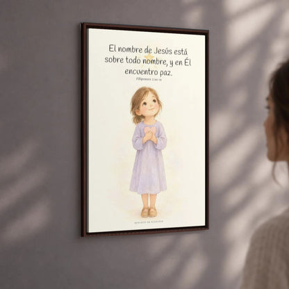 El nombre de Jesús está sobre todo nombre | Lienzo de fe para el hogar | Filipenses 2:10-11 — 24×36 pulgadas, marco espresso, vista angular ambiental del marco flotante, escala física calibrada
