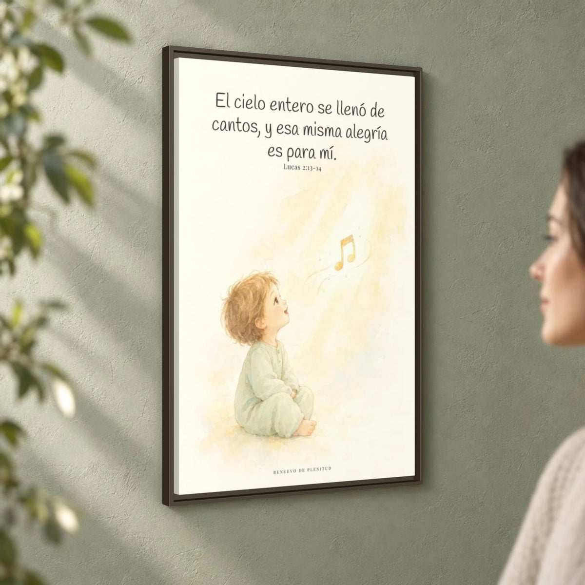 El ejército del cielo canta mi alegría — Lienzo Cristiano Enmarcado | Lucas 2:13-14 — 24×36 pulgadas, marco espresso, vista angular ambiental del marco flotante, escala física calibrada