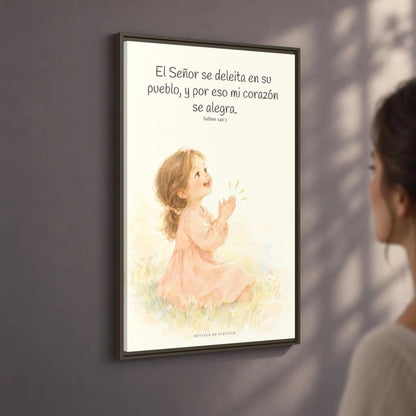 El Señor se deleita en su pueblo — Lienzo Cristiano Enmarcado | Salmo 149:3 — 24×36 pulgadas, marco espresso, vista angular ambiental del marco flotante, escala física calibrada