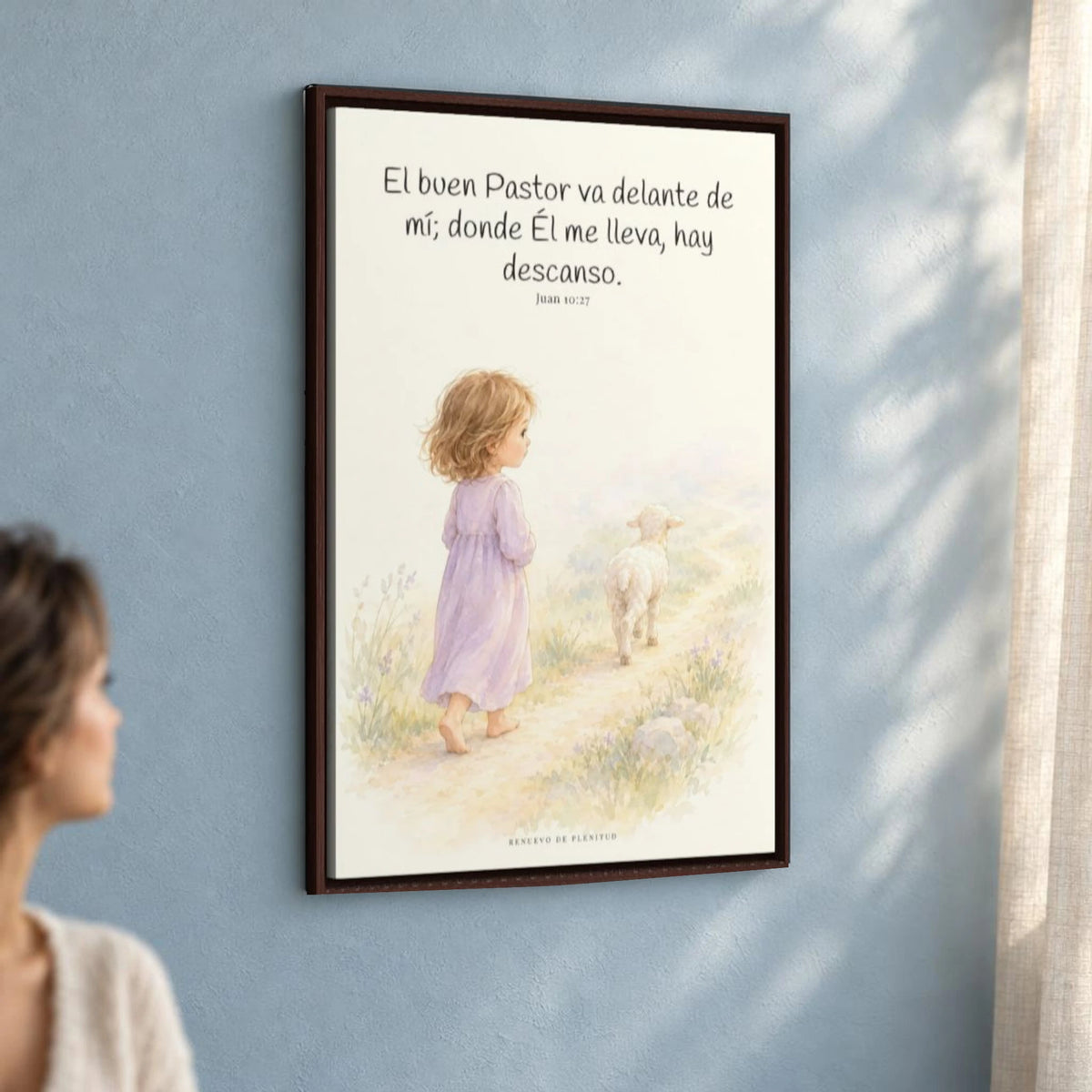 El buen Pastor va delante de mí | Decoración de fe para pared | Juan 10:27 — 24×36 pulgadas, marco espresso, vista angular ambiental del marco flotante, escala física calibrada