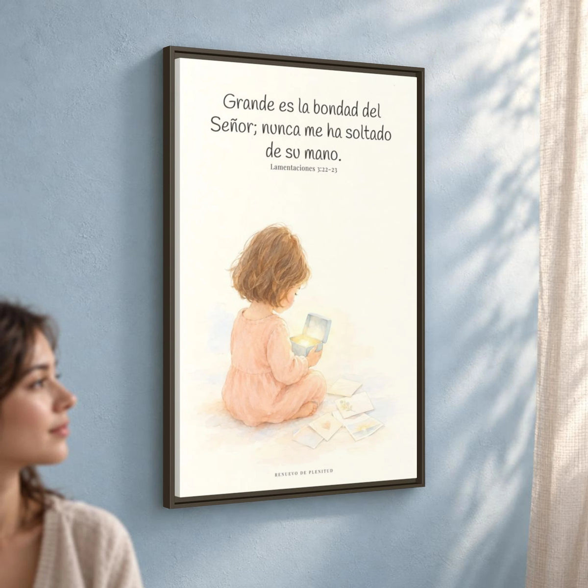 Grande es la bondad del Señor conmigo — Lienzo Cristiano Enmarcado | Lamentaciones 3:22-23 — 24×36 pulgadas, marco espresso, vista angular ambiental del marco flotante, escala física calibrada