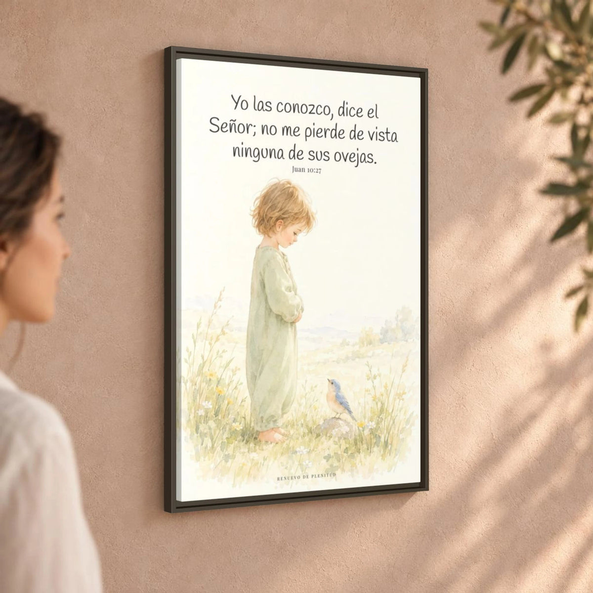 El Señor me conoce por mi nombre — Lienzo Cristiano Enmarcado | Juan 10:27 — 24×36 pulgadas, marco espresso, vista angular ambiental del marco flotante, escala física calibrada