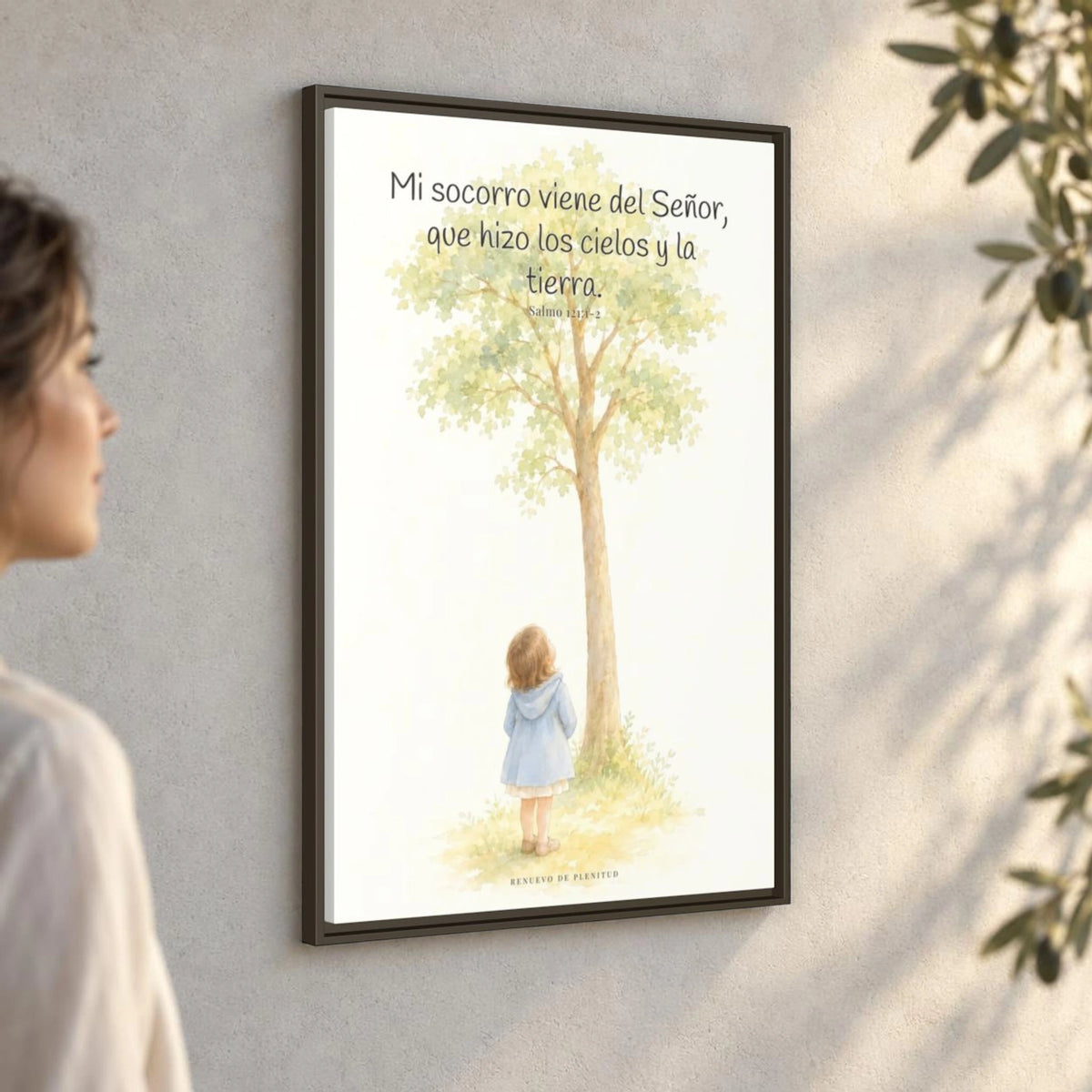 Mi socorro viene de Jehová — Lienzo Cristiano Enmarcado | Salmo 121:1-2 — 24×36 pulgadas, marco espresso, vista angular ambiental del marco flotante, escala física calibrada