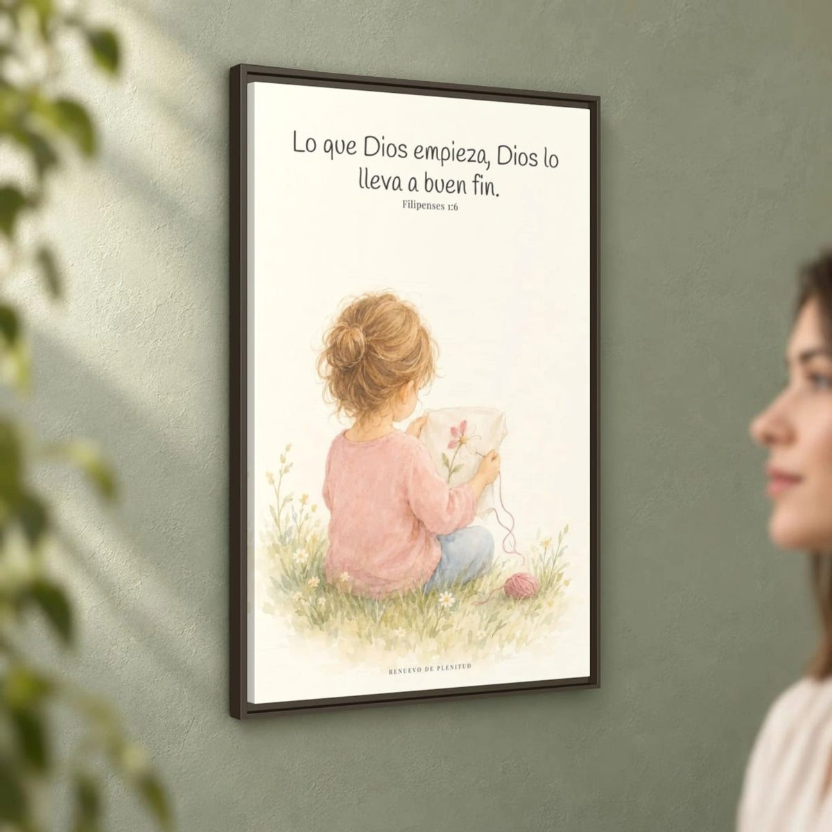 Dios lleva a buen fin la obra que empezó | Cuadro de fe enmarcado | Filipenses 1:6 — 24×36 pulgadas, marco espresso, vista angular ambiental del marco flotante, escala física calibrada
