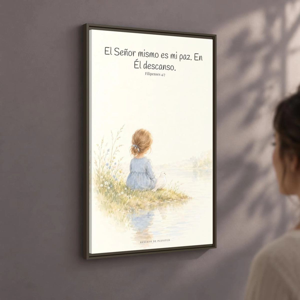 El Señor mismo es mi paz — Lienzo Cristiano Enmarcado | Filipenses 4:7 — 24×36 pulgadas, marco espresso, vista angular ambiental del marco flotante, escala física calibrada