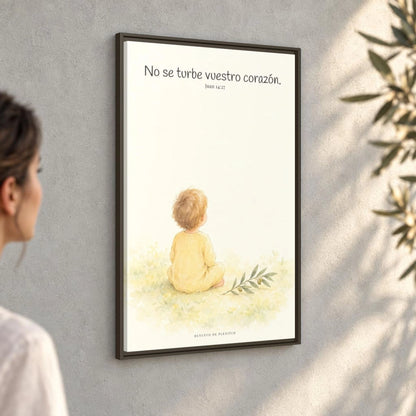 No se turbe vuestro corazón — Lienzo Cristiano Enmarcado | Juan 14:27 — 24×36 pulgadas, marco espresso, vista angular ambiental del marco flotante, escala física calibrada