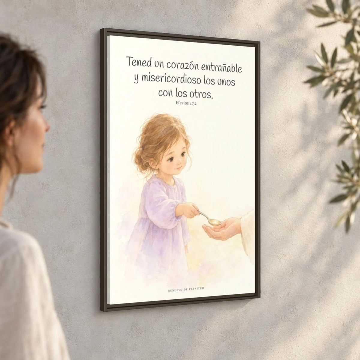 Tened un corazón entrañable — Lienzo Cristiano Enmarcado | Efesios 4:32 — 24×36 pulgadas, marco espresso, vista angular ambiental del marco flotante, escala física calibrada