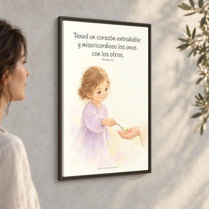 Tened un corazón entrañable — Lienzo Cristiano Enmarcado | Efesios 4:32 — 24×36 pulgadas, marco espresso, vista angular ambiental del marco flotante, escala física calibrada