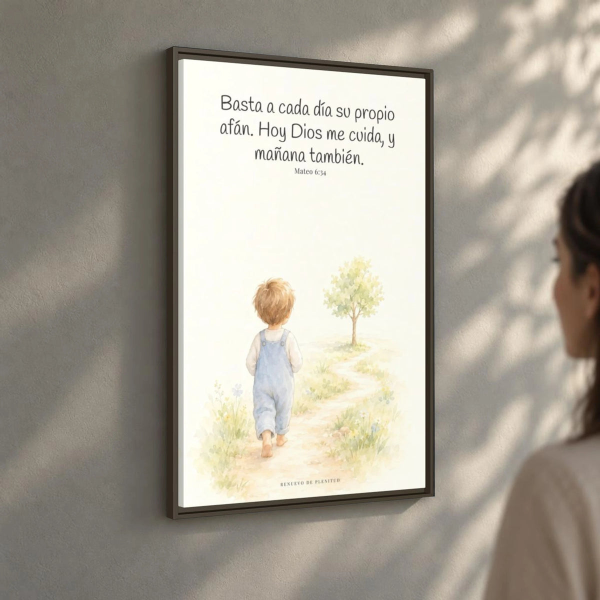 Basta a cada día su propio afán — Lienzo Cristiano Enmarcado | Mateo 6:34 — 24×36 pulgadas, marco espresso, vista angular ambiental del marco flotante, escala física calibrada