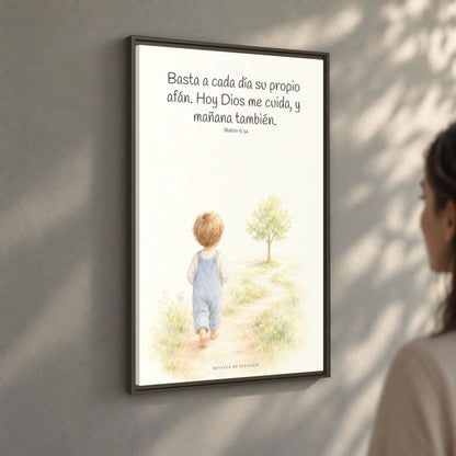 Basta a cada día su propio afán — Lienzo Cristiano Enmarcado | Mateo 6:34 — 24×36 pulgadas, marco espresso, vista angular ambiental del marco flotante, escala física calibrada
