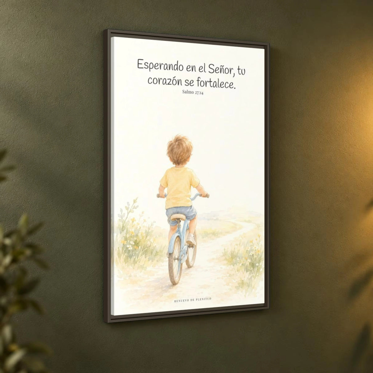 Jehová fortalece tu corazón — Lienzo Cristiano Enmarcado | Salmo 27:14 — 24×36 pulgadas, marco espresso, vista angular ambiental del marco flotante, escala física calibrada