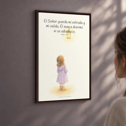 El Señor guarda mi entrada y mi salida | Decoración de fe para pared | Salmo 121:1-2 — 24×36 pulgadas, marco espresso, vista angular ambiental del marco flotante, escala física calibrada