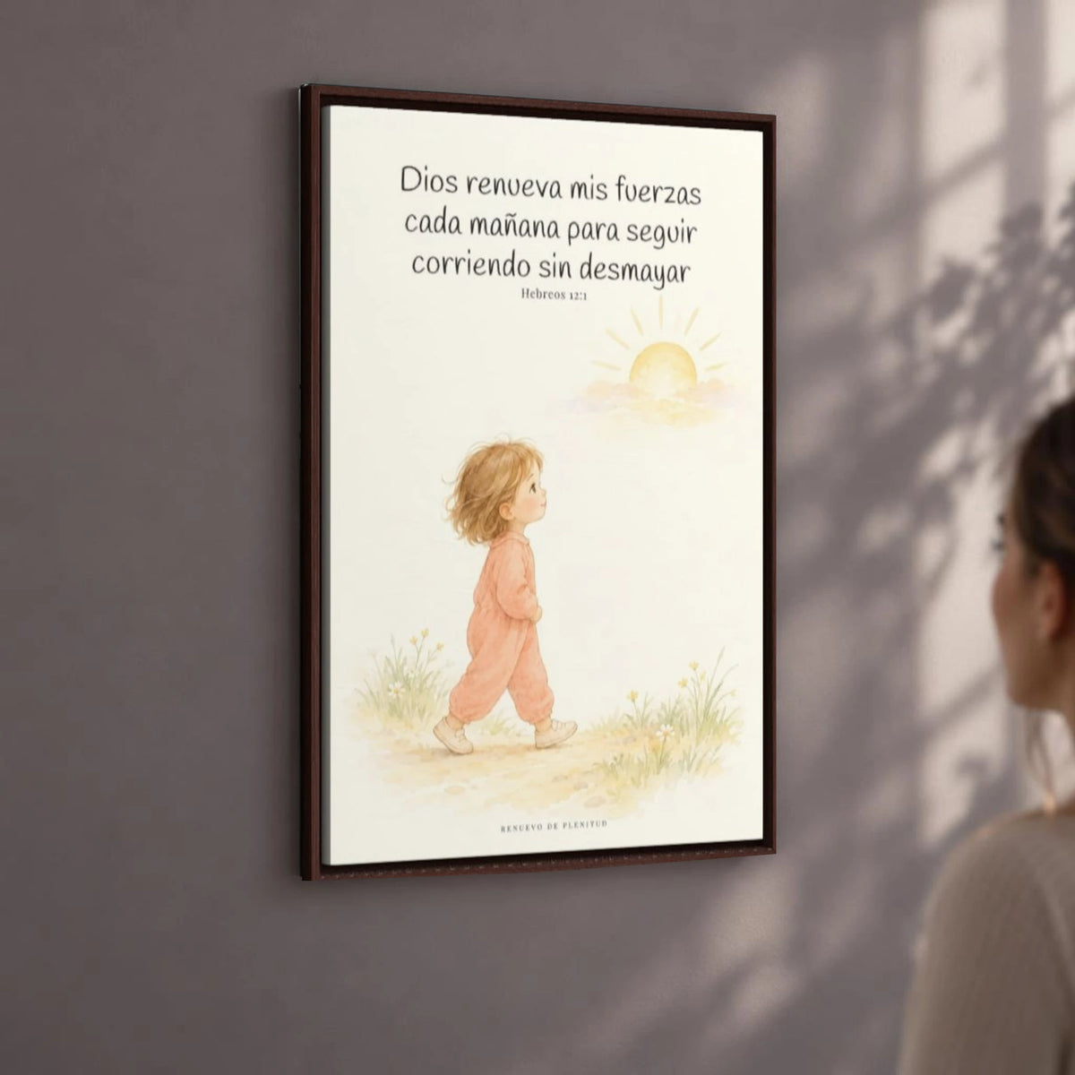 Dios me da nuevas fuerzas cada mañana | Decoración de fe para pared | Hebreos 12:1 — 24×36 pulgadas, marco espresso, vista angular ambiental del marco flotante, escala física calibrada