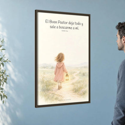 El Buen Pastor me busca a mí — Lienzo Cristiano Enmarcado | Lucas 15:4 — 24×36 pulgadas, marco espresso, vista angular ambiental del marco flotante, escala física calibrada
