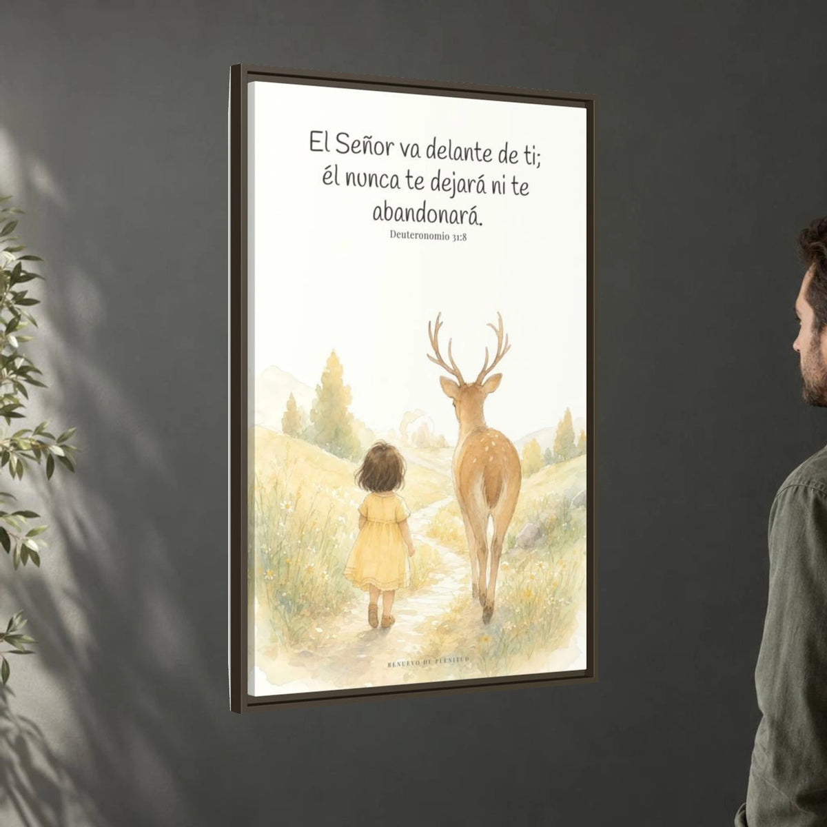 Jehová va delante de ti — Lienzo Cristiano Enmarcado | Deuteronomio 31:8 — 24×36 pulgadas, marco espresso, vista angular ambiental del marco flotante, escala física calibrada