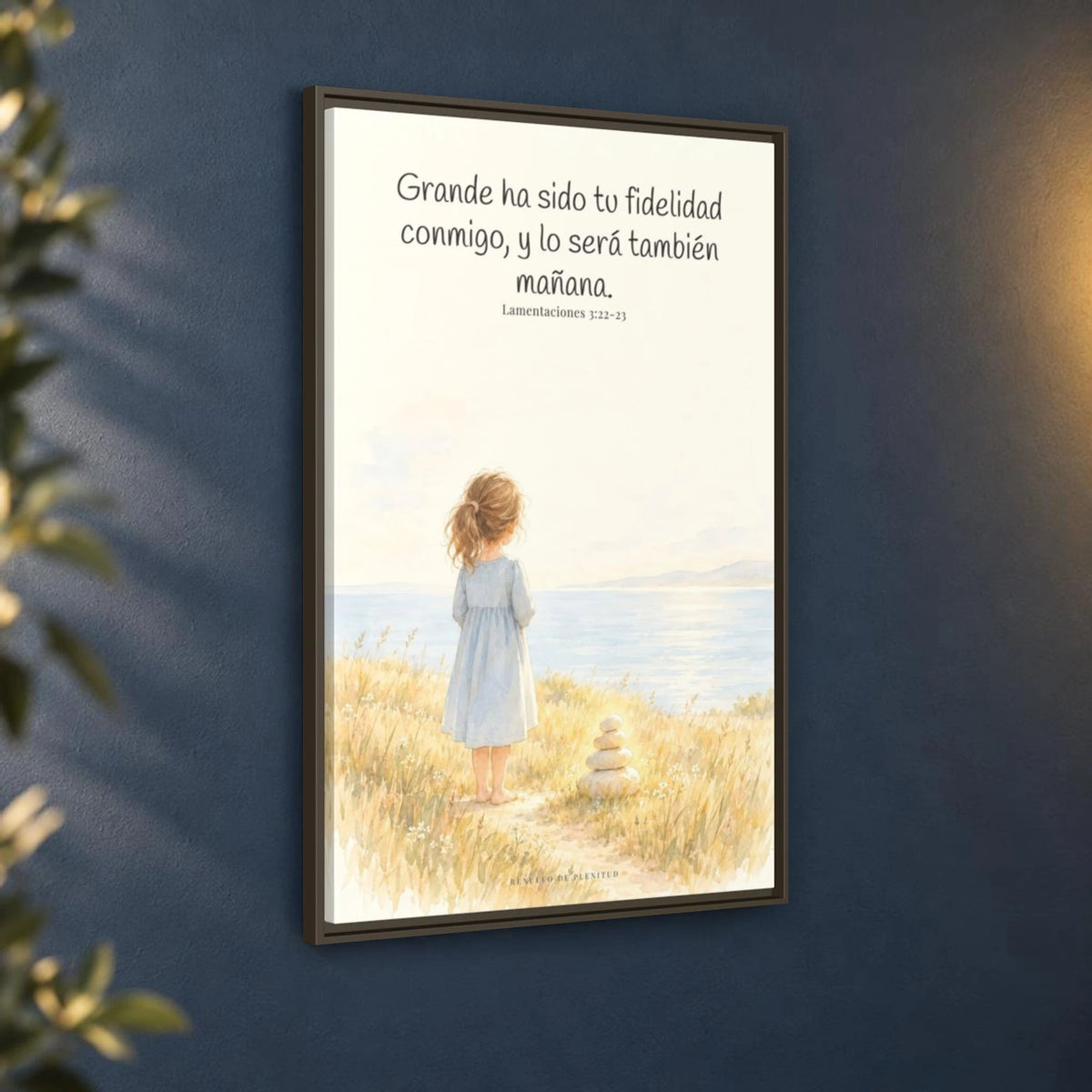 Grande ha sido tu fidelidad, Señor — Lienzo Cristiano Enmarcado | Lamentaciones 3:22-23 — 24×36 pulgadas, marco espresso, vista angular ambiental del marco flotante, escala física calibrada