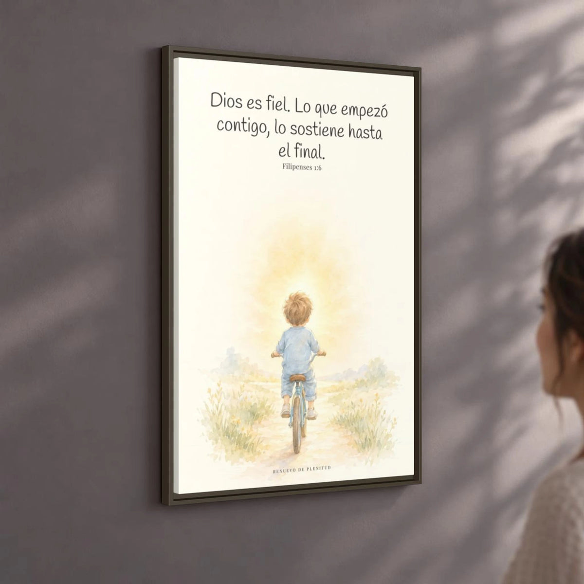 Dios es fiel y no deja a medias lo que promete | Cuadro bíblico para el hogar | Filipenses 1:6 — 24×36 pulgadas, marco espresso, vista angular ambiental del marco flotante, escala física calibrada