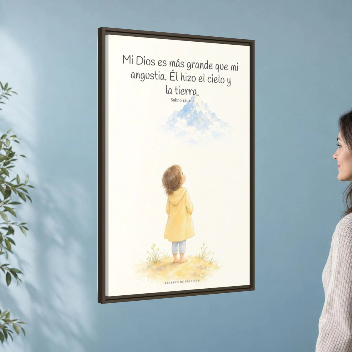 Mi Dios es más grande que mi angustia — Lienzo Cristiano Enmarcado | Salmo 121:1-2 — 24×36 pulgadas, marco espresso, vista angular ambiental del marco flotante, escala física calibrada