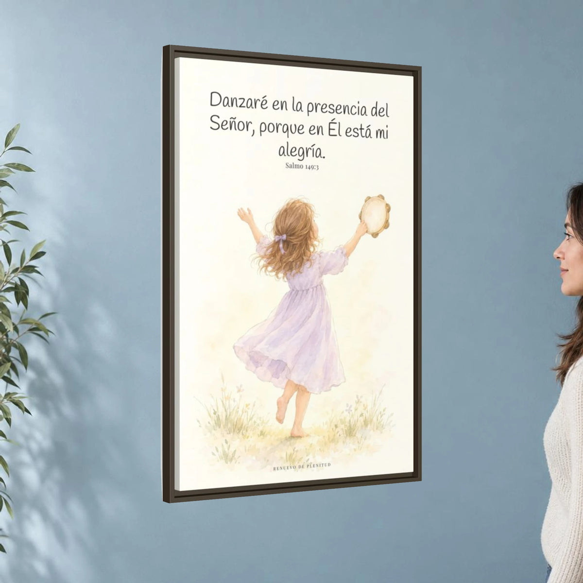 Danzaré en la presencia del Señor — Lienzo Cristiano Enmarcado | Salmo 149:3 — 24×36 pulgadas, marco espresso, vista angular ambiental del marco flotante, escala física calibrada