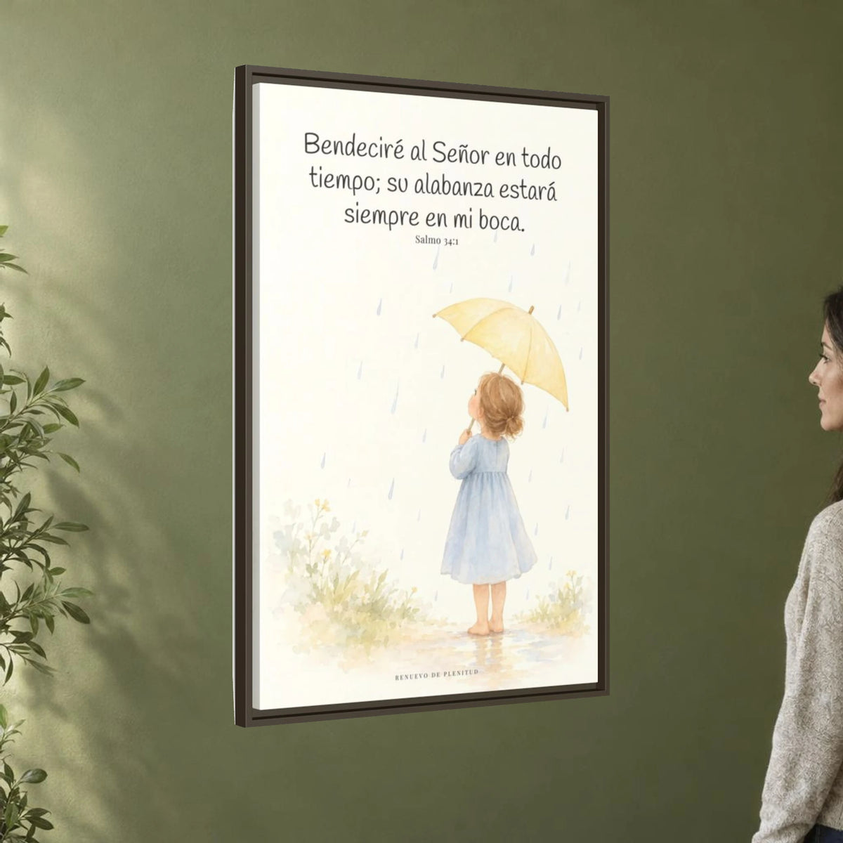 Bendeciré a Jehová en todo tiempo — Lienzo Cristiano Enmarcado | Salmo 34:1 — 24×36 pulgadas, marco espresso, vista angular ambiental del marco flotante, escala física calibrada