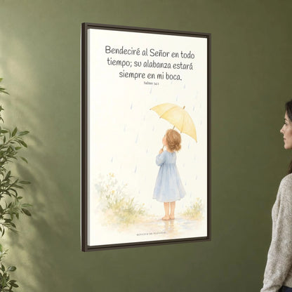 Bendeciré a Jehová en todo tiempo — Lienzo Cristiano Enmarcado | Salmo 34:1 — 24×36 pulgadas, marco espresso, vista angular ambiental del marco flotante, escala física calibrada
