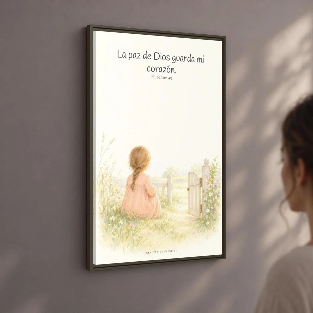 La paz de Dios guardará mi corazón — Lienzo Cristiano Enmarcado | Filipenses 4:7 — 24×36 pulgadas, marco espresso, vista angular ambiental del marco flotante, escala física calibrada
