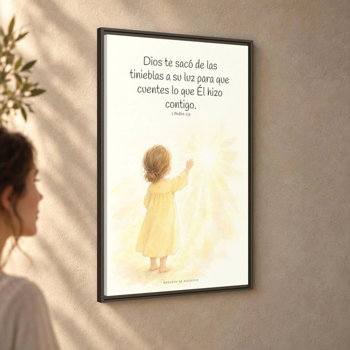 Para que anuncies las maravillas de Dios — Lienzo Cristiano Enmarcado | 1 Pedro 2:9 — 24×36 pulgadas, marco espresso, vista angular ambiental del marco flotante, escala física calibrada