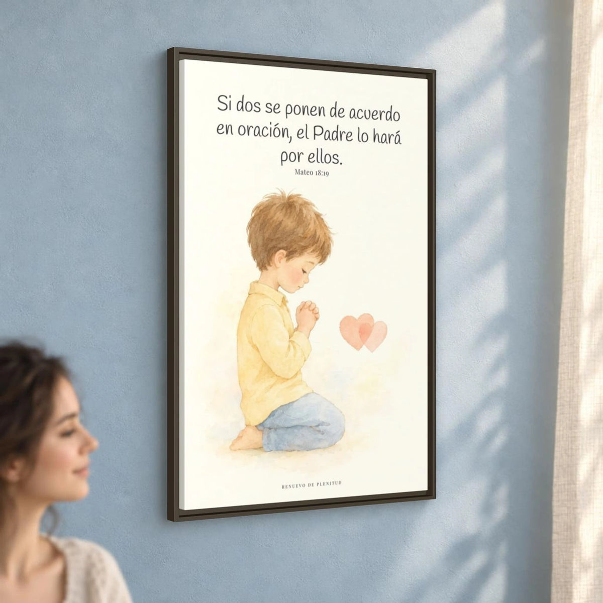 Donde dos se ponen de acuerdo | Cuadro de fe enmarcado | Mateo 18:19 — 24×36 pulgadas, marco espresso, vista angular ambiental del marco flotante, escala física calibrada