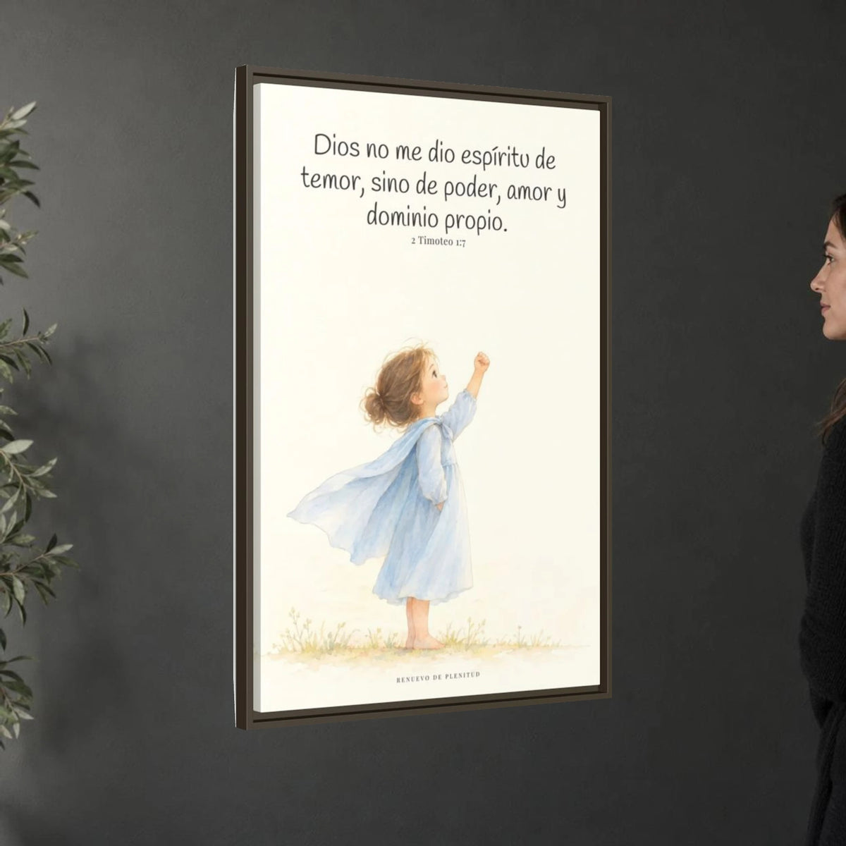 Dios me da un espíritu de poder y de amor — Lienzo Cristiano Enmarcado | 2 Timoteo 1:7 — 24×36 pulgadas, marco espresso, vista angular ambiental del marco flotante, escala física calibrada