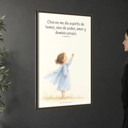 Dios me da un espíritu de poder y de amor — Lienzo Cristiano Enmarcado | 2 Timoteo 1:7 — 24×36 pulgadas, marco espresso, vista angular ambiental del marco flotante, escala física calibrada