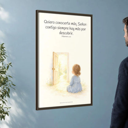 Quiero conocerte más, Señor — Lienzo Cristiano Enmarcado | Filipenses 3:10 — 24×36 pulgadas, marco espresso, vista angular ambiental del marco flotante, escala física calibrada