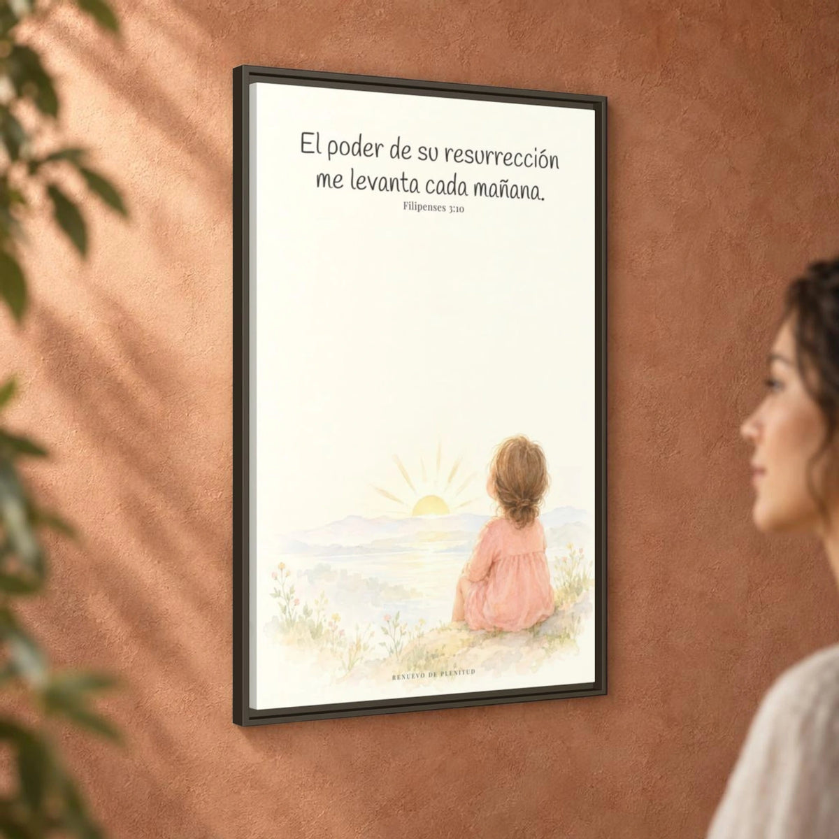 El poder de su resurrección me levanta — Lienzo Cristiano Enmarcado | Filipenses 3:10 — 24×36 pulgadas, marco espresso, vista angular ambiental del marco flotante, escala física calibrada