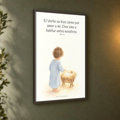 El Verbo se hizo carne por amor a mí — Lienzo Cristiano Enmarcado | Juan 1:14 — 24×36 pulgadas, marco espresso, vista angular ambiental del marco flotante, escala física calibrada