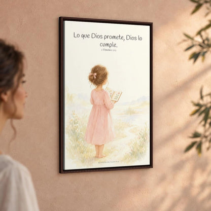 Su palabra no vuelve vacía | Arte de fe en lienzo | 2 Timoteo 2:13 — 24×36 pulgadas, marco espresso, vista angular ambiental del marco flotante, escala física calibrada