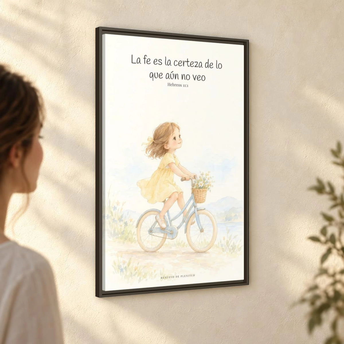 La fe es la certeza de lo que no vemos — Lienzo Cristiano Enmarcado | Hebreos 11:1 — 24×36 pulgadas, marco espresso, vista angular ambiental del marco flotante, escala física calibrada