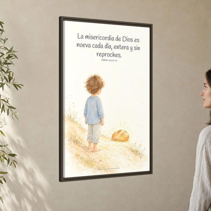 La misericordia de Dios es nueva cada día — Lienzo Cristiano Enmarcado | Salmo 103:9-10 — 24×36 pulgadas, marco espresso, vista angular ambiental del marco flotante, escala física calibrada