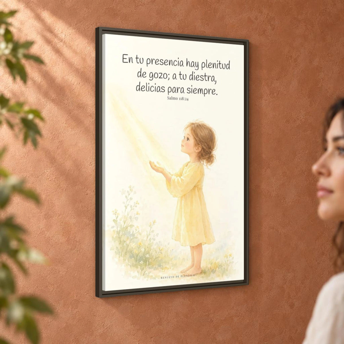 En la presencia de Jehová hay plenitud de gozo — Lienzo Cristiano Enmarcado | Salmo 118:24 — 24×36 pulgadas, marco espresso, vista angular ambiental del marco flotante, escala física calibrada