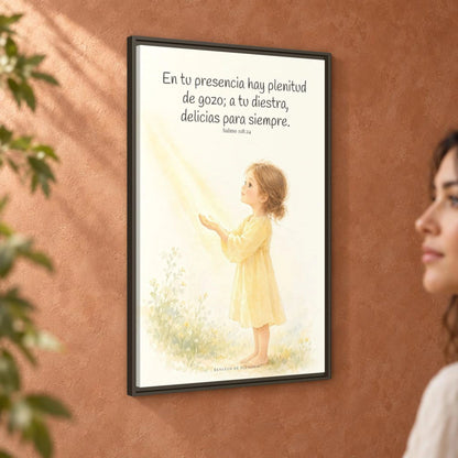 En la presencia de Jehová hay plenitud de gozo — Lienzo Cristiano Enmarcado | Salmo 118:24 — 24×36 pulgadas, marco espresso, vista angular ambiental del marco flotante, escala física calibrada