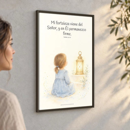 Mi fortaleza viene del Señor — Lienzo Cristiano Enmarcado | Isaías 41:10 — 24×36 pulgadas, marco espresso, vista angular ambiental del marco flotante, escala física calibrada