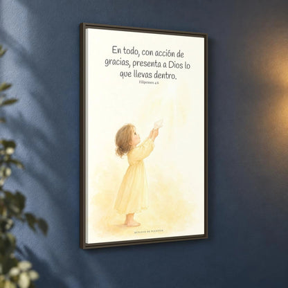 Con acción de gracias, presenta todo a Dios — Lienzo Cristiano Enmarcado | Filipenses 4:6 — 24×36 pulgadas, marco espresso, vista angular ambiental del marco flotante, escala física calibrada